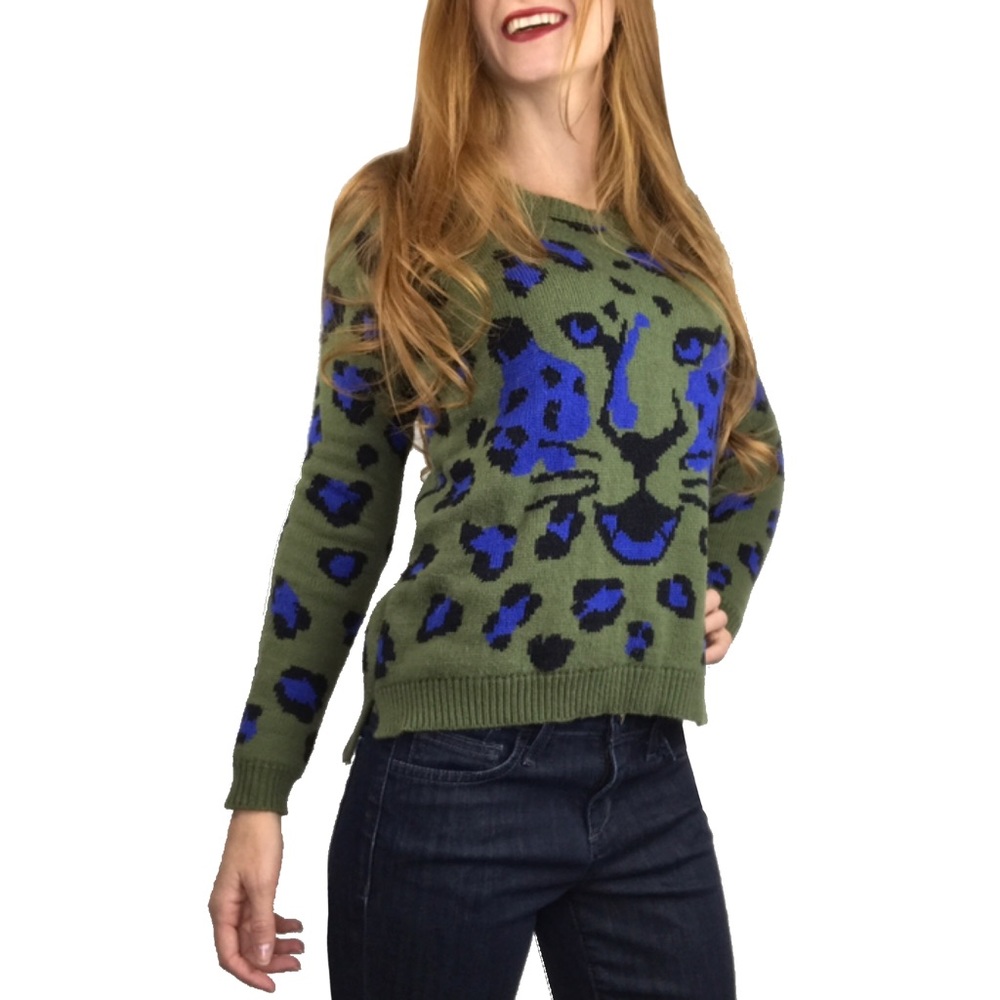 Leopard Cat Knit Sweater Womens Small St Patricks